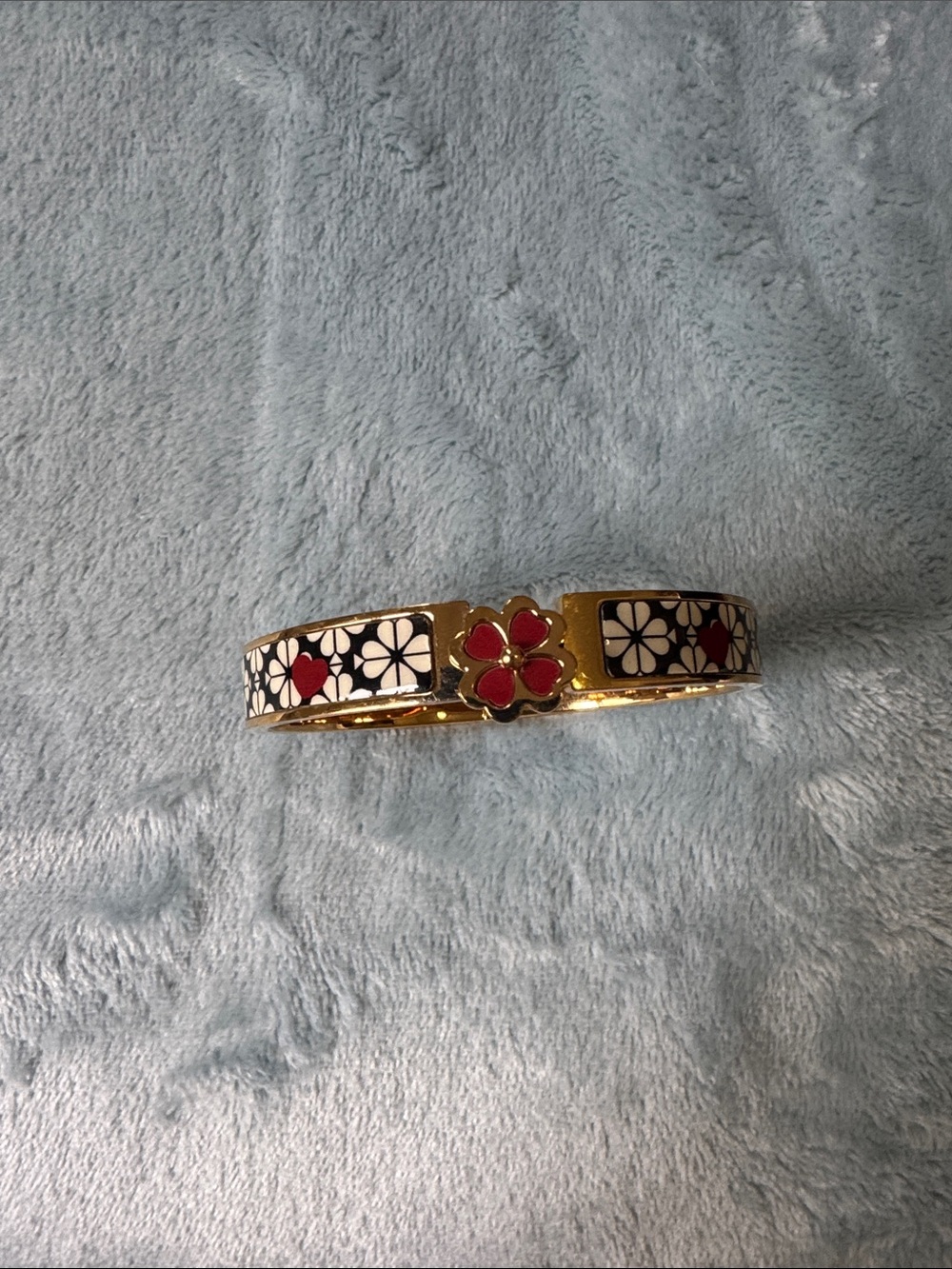 Kate Spade Gold Floral Enamel Hinged Bangle Bracelet with Red Accent